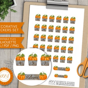 May include: Printable Halloween sticker set featuring 31 pumpkin designs in various shades of orange and brown. Each pumpkin is in a galvanized metal bucket with a number from 1 to 31. The stickers are perfect for decorating planners, journals, and other craft projects.