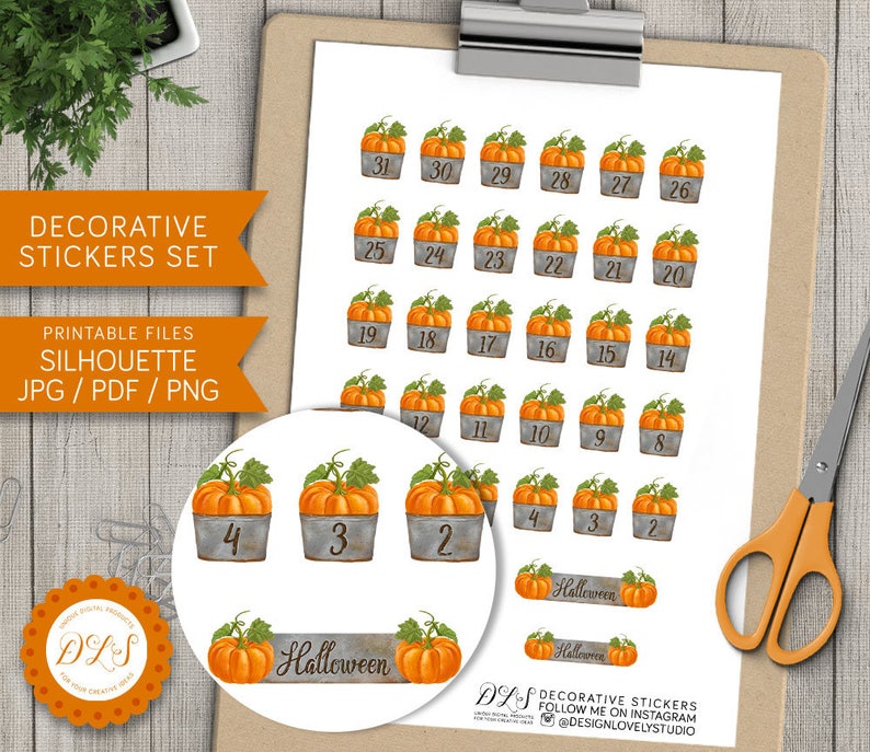 May include: Printable Halloween sticker set featuring 31 pumpkin designs in various shades of orange and brown. Each pumpkin is in a galvanized metal bucket with a number from 1 to 31. The stickers are perfect for decorating planners, journals, and other craft projects.