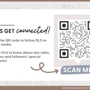 Pode incluir: Gr&aacute;fico com o texto "LET'S GET connected!" e um c&oacute;digo QR. O texto incentiva a digitalizar o c&oacute;digo para seguir DLS nas redes sociais para vendas, brindes e descontos. Um bot&atilde;o "SCAN ME!" est&aacute; inclu&iacute;do.