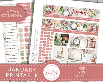 Adesivos de planejador de JANEIRO para impressão, kit de adesivos mensais de janeiro, para Erin Condren Life Planner, adesivos de planejador de ano novo, arquivos cortados, MV195