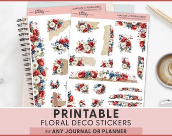 Floral Deco Stickers Printable | Wildflower Planner Stickers | Poppy Daisy Botanical Journal Deco | Red White Blue Ephemera, JS305