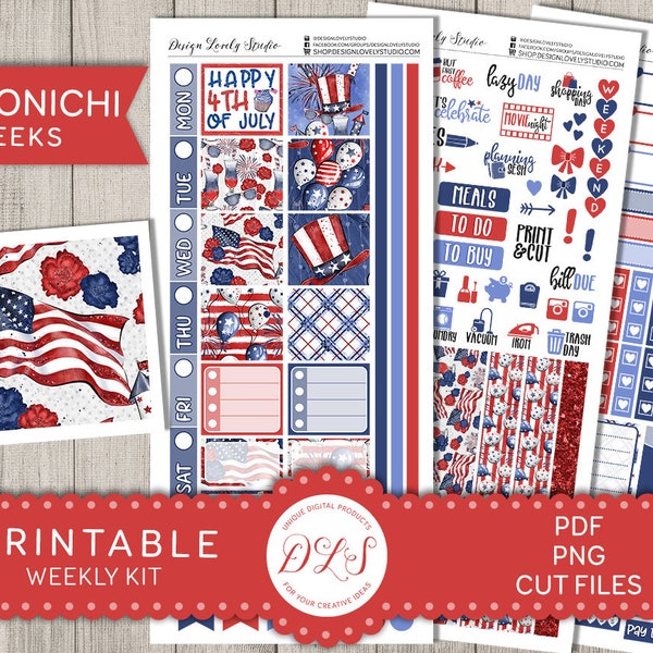 4th of July Hobonichi Printable, Printable HOBONICHI Weeks Stickers, Independence Day Planner Kit, July Weekly Stickers Kit, HO120