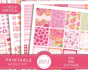 Printable Floral Planner Stickers, Vertical Planner Stickers, Printable Weekly Stickers Kit, fits Erin Condren Life Planner, VS163