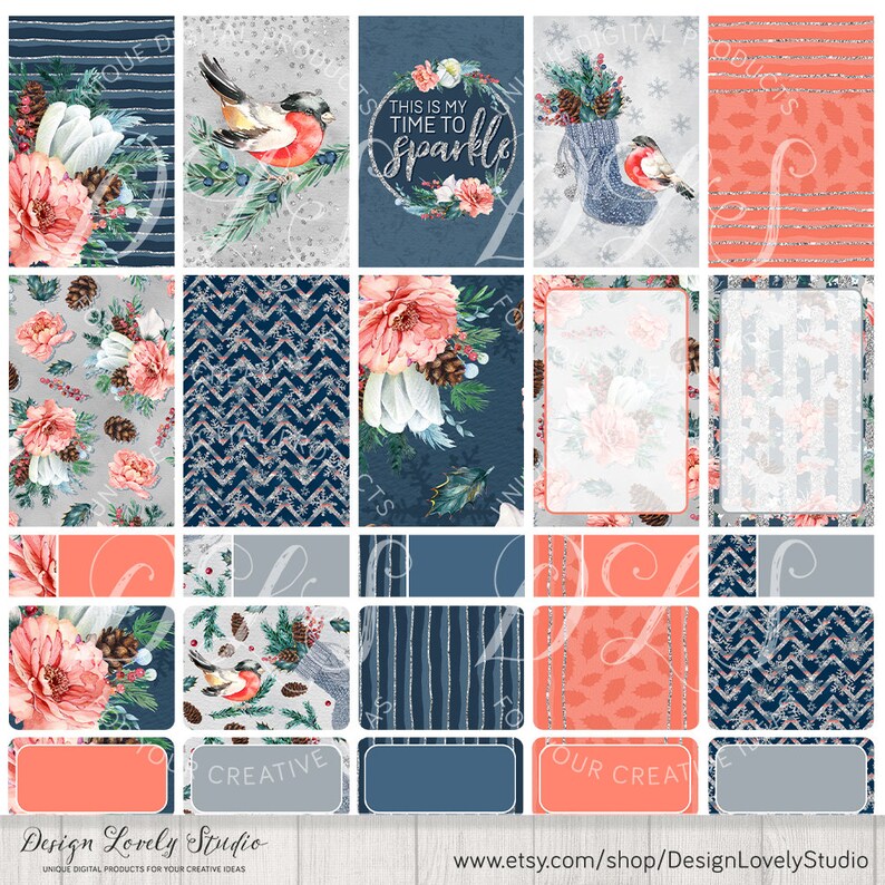 May include: A collection of digital planner stickers and backgrounds with a winter theme. Designs include floral arrangements, birds, and the text "This is my time to sparkle". Colors include coral, navy, and silver.