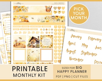 Pick Your Month Monthly Sticker Kit, May Planner Stickers, June Monthly Kit, Honey Bee Stickers, Printable Big Happy Planner Stickers, BM250