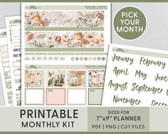 Op de afbeelding: Printbare maandelijkse plannerset met een bos-thema met paddenstoelen, vlinders en bloemmotieven. De set bevat een maandelijkse kalender, doelstellingspagina's en wekelijkse spreads. De set is geschikt voor een planner van 17,8 cm x 22,9 cm en bevat PDF-, PNG- en snijbestanden.