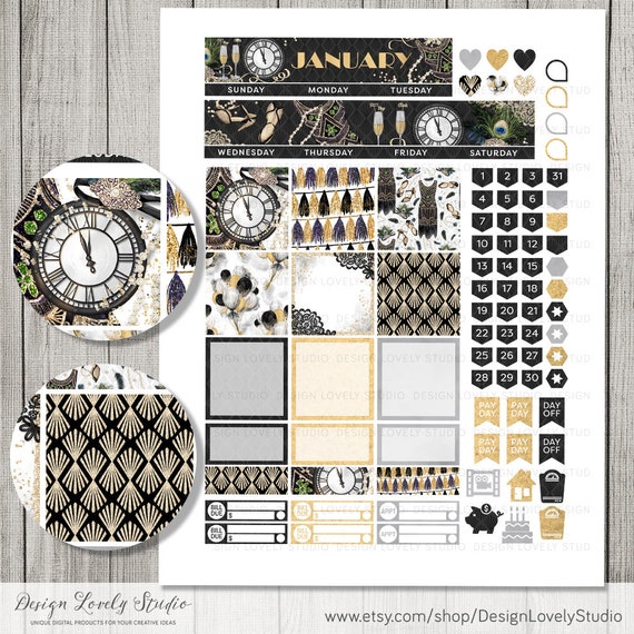 Happy Planner January Monthly Kit, Printable January Stickers Kit, Black Gold  Planner Stickers, New Year Planner Stickers, HPMV154 