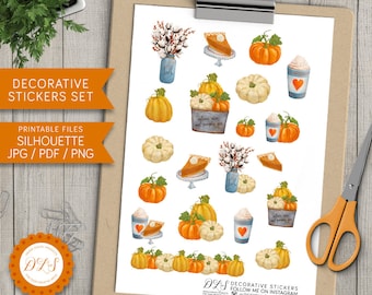 Peut inclure: Un ensemble d'autocollants imprimables sur le thème de l'automne avec des citrouilles, des tartes, du café et d'autres éléments automnaux. Les autocollants sont parfaits pour ajouter une touche d'automne à votre agenda, votre journal ou d'autres travaux manuels.