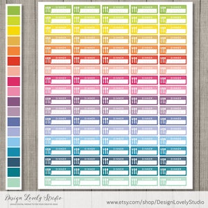 May include: A sheet of colorful printable planner stickers with a fork and knife icon and the word "Dinner" printed on each sticker. The stickers are in a rainbow of colors, including green, yellow, orange, red, pink, purple, blue, and teal.