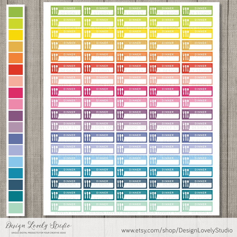 May include: A sheet of colorful printable planner stickers with a fork and knife icon and the word "Dinner" printed on each sticker. The stickers are in a rainbow of colors, including green, yellow, orange, red, pink, purple, blue, and teal.