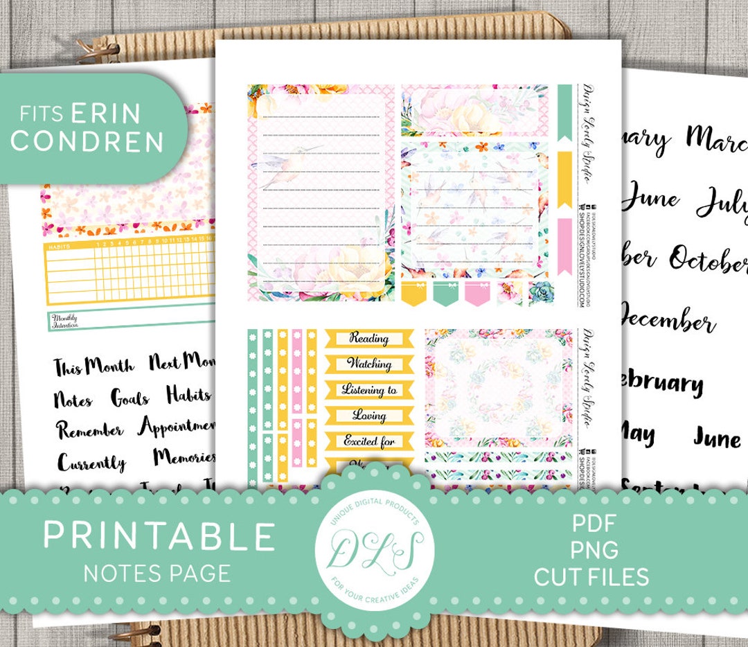 Notes Page PRINTABLE Stickers, Floral NOTES PAGE Stickers, Erin Condren ...