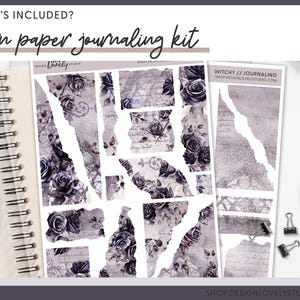 May include: A set of 14 digital torn paper journal stickers featuring a purple and gray color scheme with a floral design and the text "WITCHY // JOURNALING SHOP DESIGNLOVELYSTUDIO.COM".