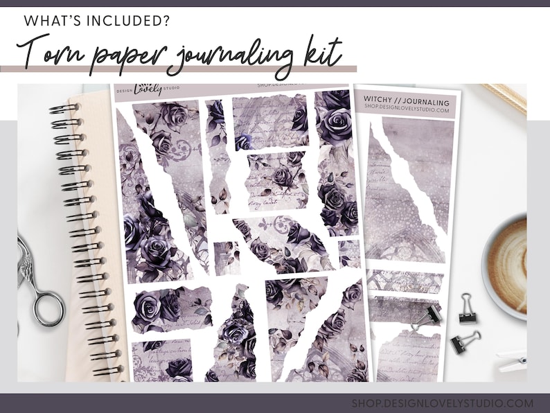 May include: A set of 14 digital torn paper journal stickers featuring a purple and gray color scheme with a floral design and the text "WITCHY // JOURNALING SHOP DESIGNLOVELYSTUDIO.COM".