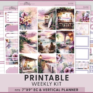 May include: Printable weekly kit with a watercolor beach theme. The kit includes various planner stickers and decorative elements in shades of pink, purple, and white. The text "PRINTABLE WEEKLY KIT" and "FITS 7"X9" EC & VERTICAL PLANNER" are visible.