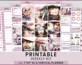 Adesivi stampabili per agenda "Serata estiva in spiaggia", kit di adesivi settimanali per Erin Condren, vacanze al mare, tramonto sull'oceano, VS305