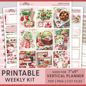 Pegatinas de fresa para planificador, pegatinas de primavera, pegatinas imprimibles para planificador, pegatinas de bayas, pegatinas de verano, kit semanal vertical, VS277