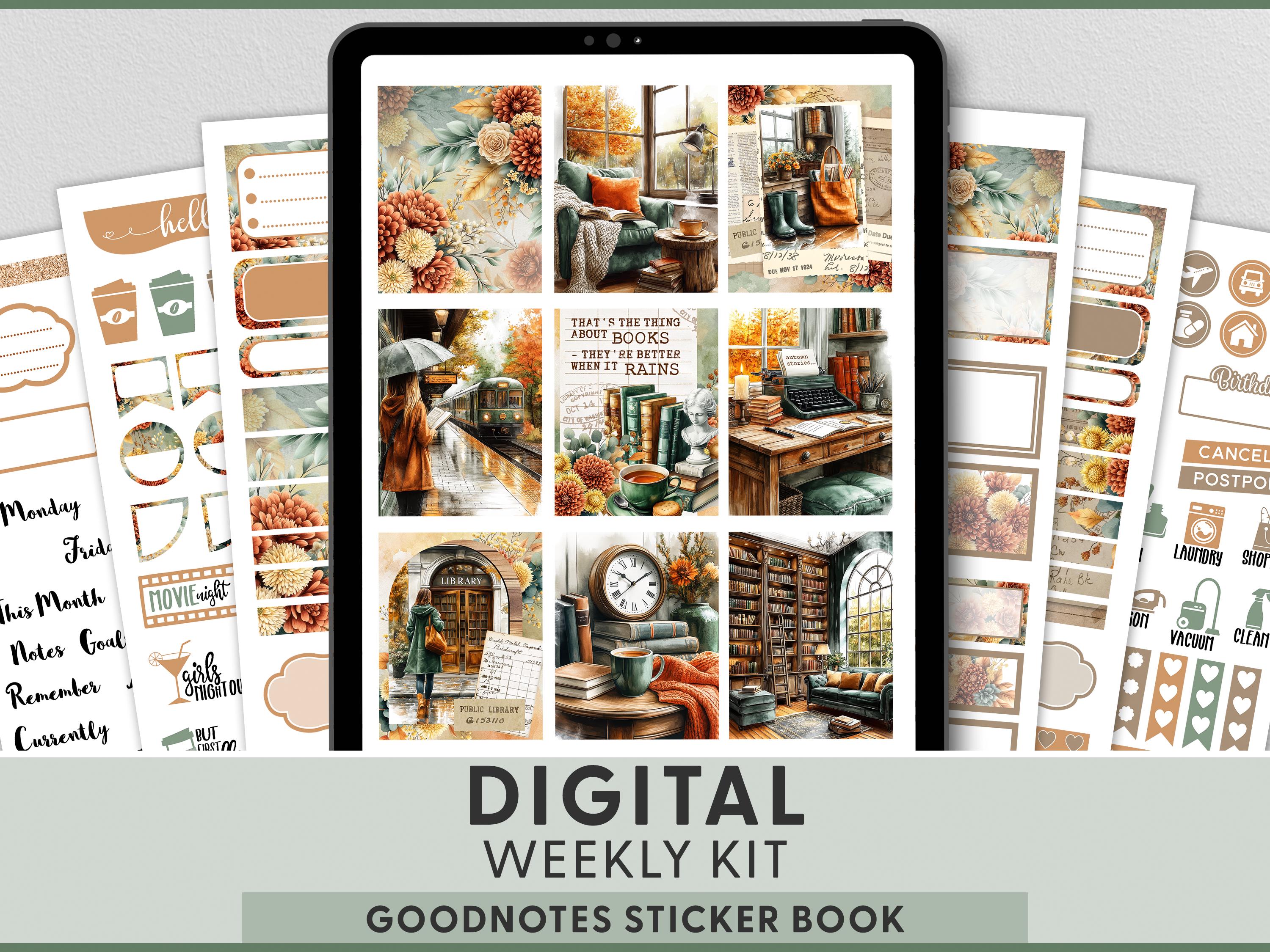 Op de afbeelding: Digitale wekelijkse kit voor GoodNotes, met aquarel illustraties van gezellige scènes. Bevat stickers met tekst als "Maandag", "Notitie Doel" en "Filmnacht". Het thema van de kit draait om boeken en regenachtige dagen.