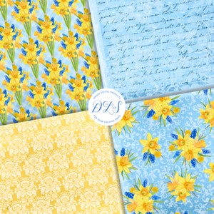 Puede incluir: Cuatro dise&ntilde;os de papel digital con un patr&oacute;n floral azul y amarillo con narcisos e jacintos de uva. Los dise&ntilde;os son perfectos para scrapbooking, creaci&oacute;n de tarjetas y otros proyectos de manualidades.