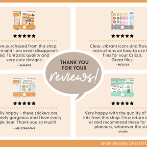 May include: Four customer reviews with five-star ratings for sticker kits. The reviews highlight the quality, cuteness, and ease of use of the products. The text includes "Thank you for your reviews!"