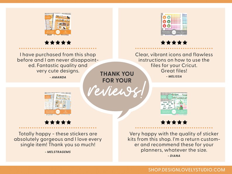 May include: Four customer reviews with five-star ratings for sticker kits. The reviews highlight the quality, cuteness, and ease of use of the products. The text includes "Thank you for your reviews!"