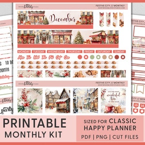 Afdrukbare december planner stickers, happy planner maandelijkse stickers, december maandelijkse sticker kit, kerst planner stickers, HPMV233