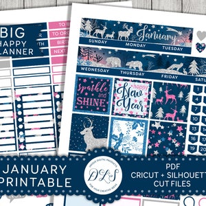 Adesivi Big Happy Planner di gennaio, adesivi Big Happy Planner stampabili, kit mensile di gennaio, diffusione mensile di gennaio, file tagliati, BM108