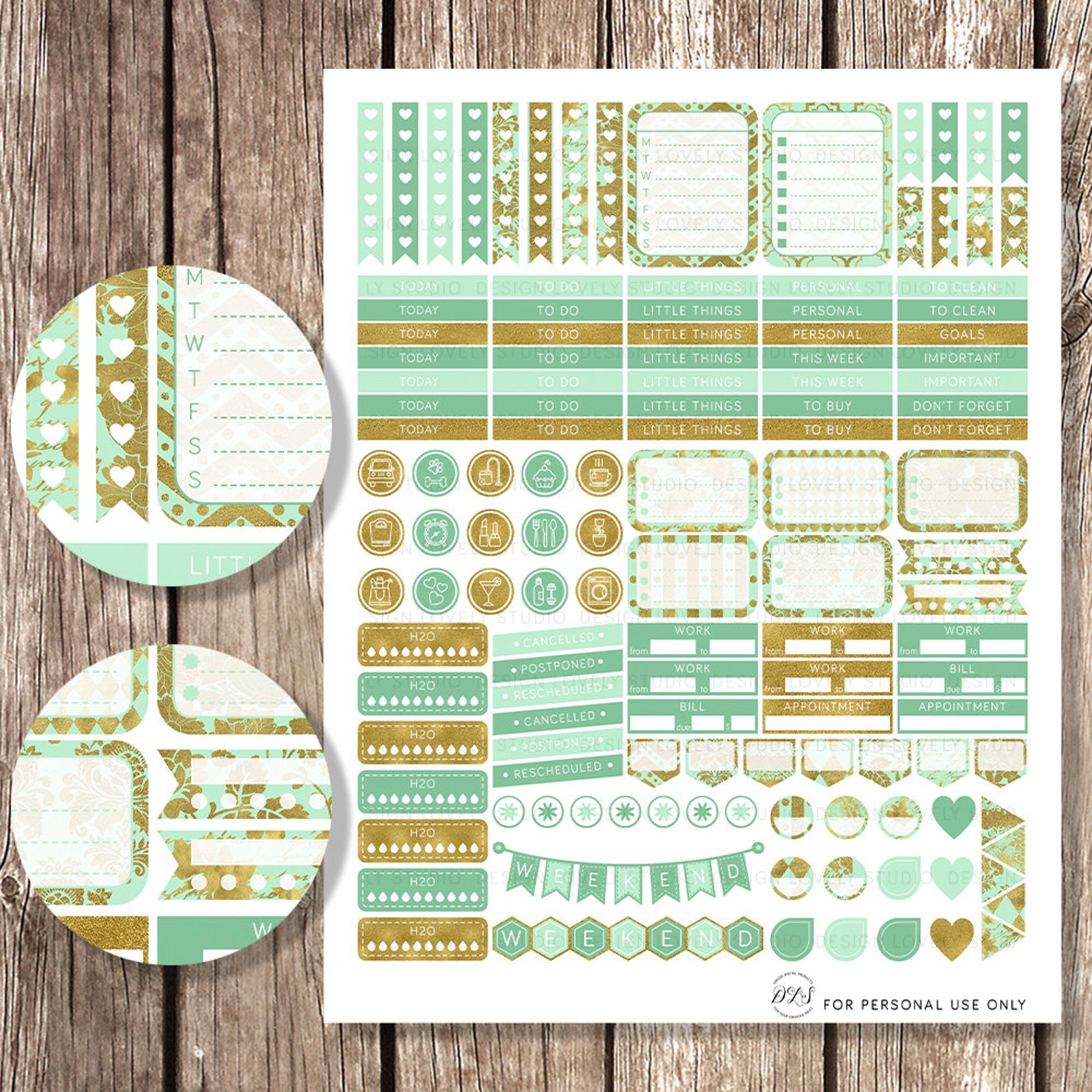 VERTICAL Planner Stickers for Erin Condren Planner Mint Gold Weekly ...