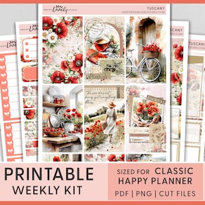 Pegatinas de amapolas de la Toscana para planificador semanal de verano: kit imprimible para Happy Planner, estilo rústico cottagecore, campiña italiana, HP278