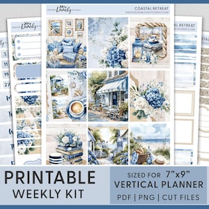 Stickers pour agenda imprimable printemps côtier, Stickers hortensias, Cape Cod, bord de mer, plage, kit d'autocollants hebdomadaires verticaux, Erin Condren, VS276