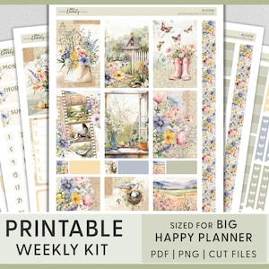 Stickers agenda printanier, Stickers floraux, kit d'autocollants hebdomadaires de printemps, Stickers imprimables Big Happy Planner, kit d'autocollants hebdomadaires, BW215