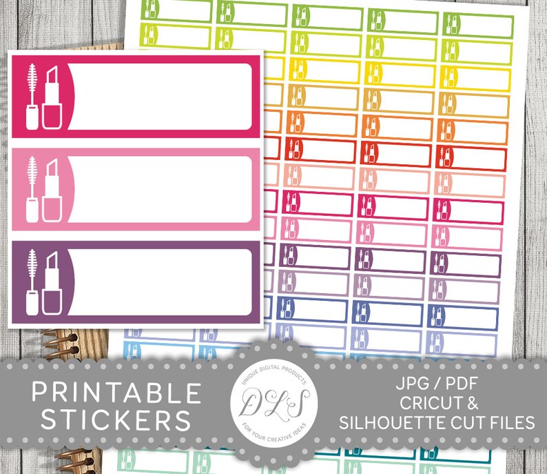 May include: Printable stickers featuring a lipstick and mascara icon in various colors. The stickers are designed for use with Cricut and Silhouette cutting machines. The text "Printable Stickers" and "JPG/PDF Cricut & Silhouette Cut Files" is included in the image.