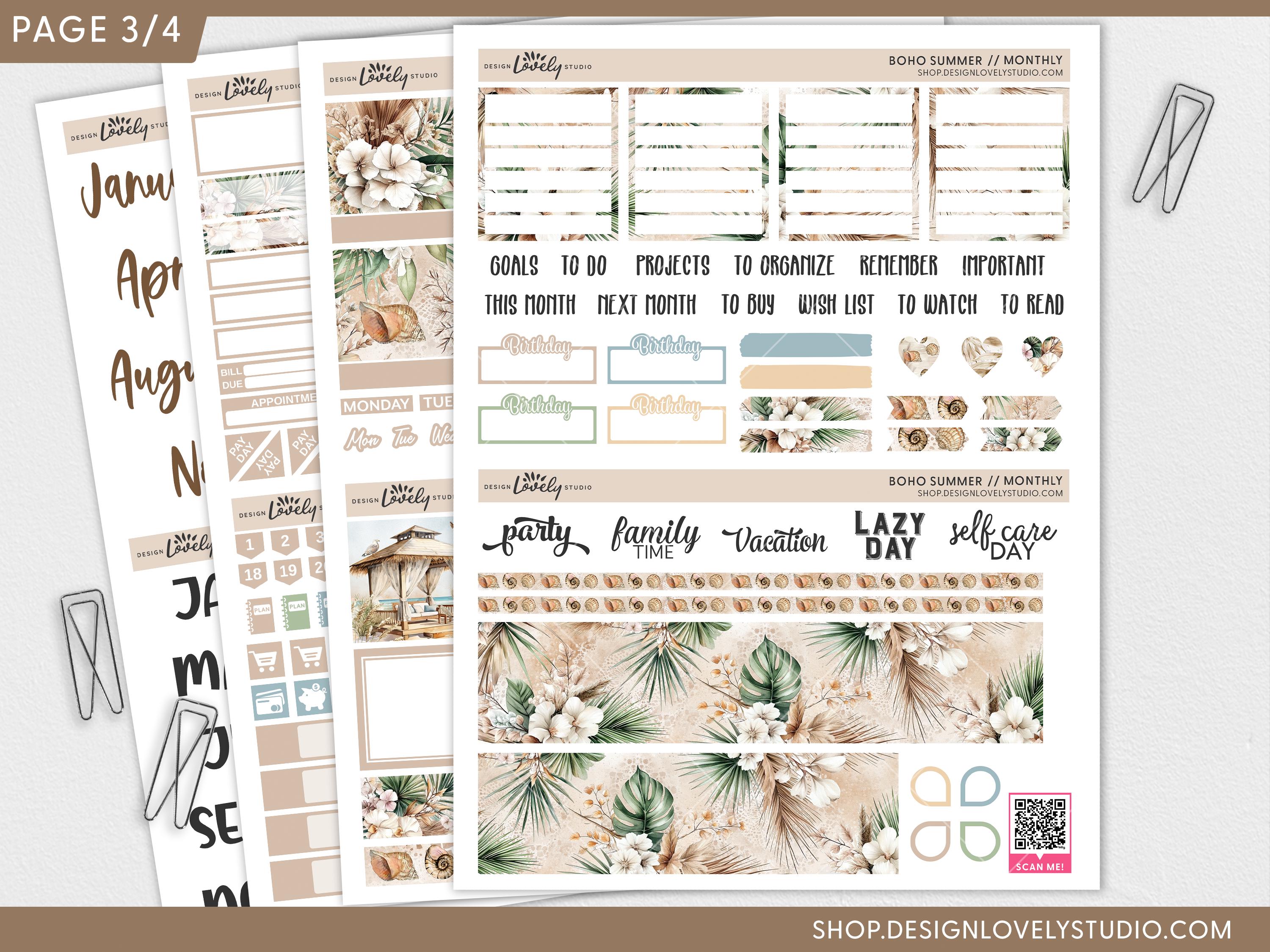 Boho Summer Monthly Kit – Printable Planner Stickers for Erin Condren ...