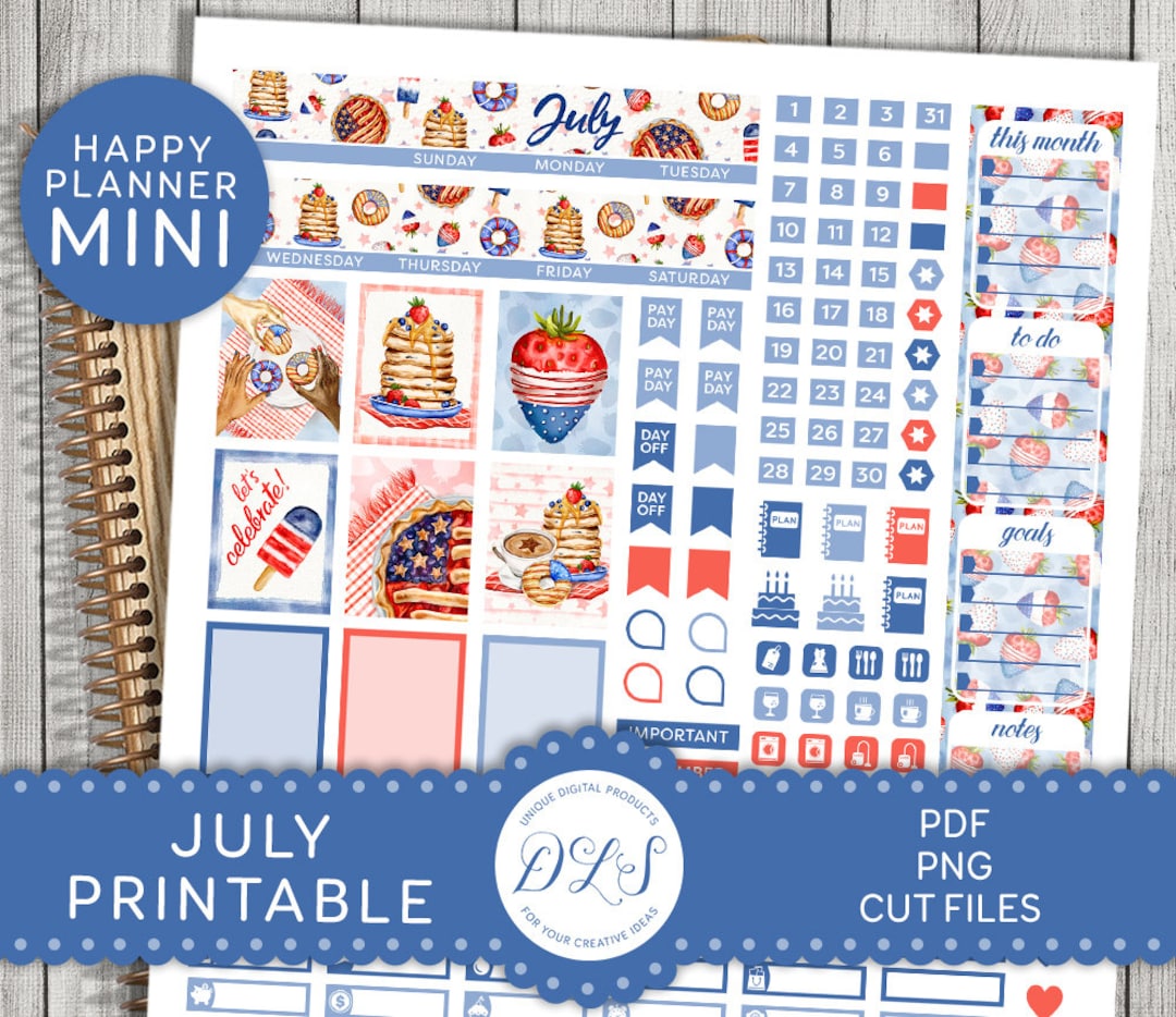 JULY Printable Planner Stickers, Mini Happy Planner JULY Stickers Kit ...