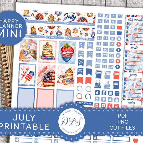 JULY Printable Planner Stickers, Mini Happy Planner JULY Stickers Kit, 4th of July Monthly Planner Stickers, Patriotic Stickers, MM191