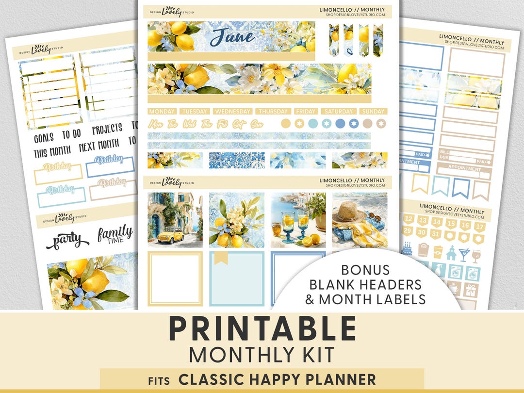 Lemons Printable Planner Stickers, June Monthly Kit for Happy Planner ...