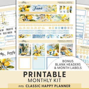 May include: Printable monthly kit for a Classic Happy Planner, featuring a lemon and floral theme. Includes headers, labels, and decorative elements in shades of yellow, blue, and white. The word "June" is visible.