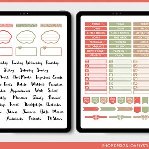 May include: Two digital tablets displaying planner stickers in red, green, and tan. The stickers include labels for daily tasks, appointments, and reminders. The text includes "Today", "To Do", "Goals", and days of the week. The website address is visible at the bottom.