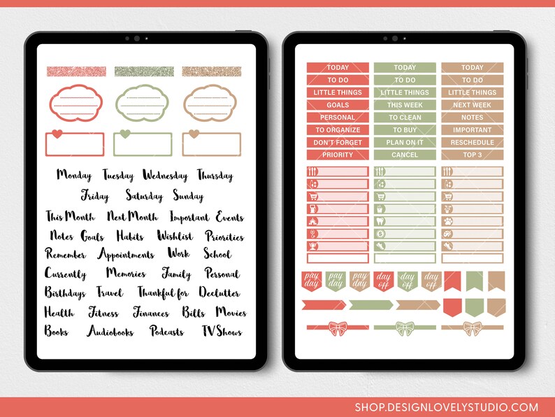 May include: Two digital tablets displaying planner stickers in red, green, and tan. The stickers include labels for daily tasks, appointments, and reminders. The text includes "Today", "To Do", "Goals", and days of the week. The website address is visible at the bottom.
