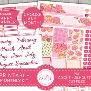 Happy Planner Monthly PRINTABLE Stickers, Mambi Happy Planner Monthly Stickers Kit, Pink Flowers Planner Stickers, Cut Files, HPE122