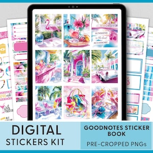 Palm Beach Weekly Digital Planner Stickers – Goodnotes Pre-Cropped Stickers, iPad Summer Kit with Flamingos & Hibiscus, Tropical, DG180