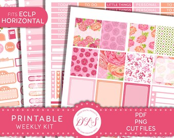 ECLP horizontale Aufkleber, druckbare Planner Aufkleber Kit, wöchentlich Planner Sticker Kit, Blumen Sticker, digitale Aufkleber, HS161