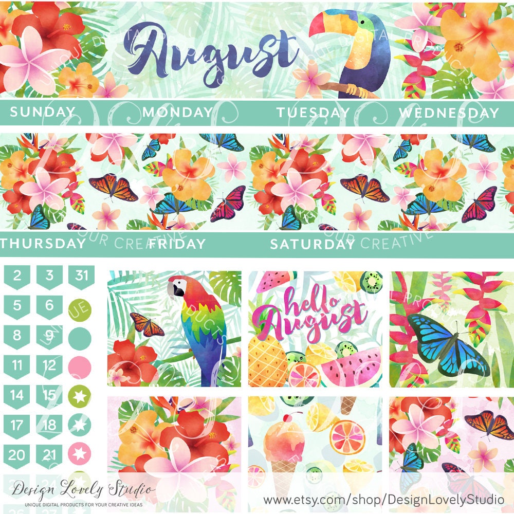 August Monthly Kit Printable August Monthly Stickers August - Etsy