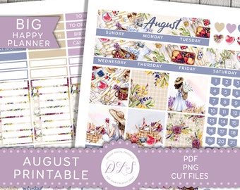 May include: A printable planner for August with a watercolor floral design. The planner includes a weekly spread, a daily log, and a notes section. The planner is available in PDF, PNG, and cut files.