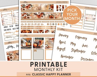 Op de afbeelding: Printbare maandelijkse kit voor een Classic Happy Planner. De kit heeft een warm kleurenpalet met bloemen- en herfstthema-ontwerpen. Inclusief stickers voor doelen, verjaardagen en de maanden van het jaar. De tekst "Pick Your Month" is ook zichtbaar.