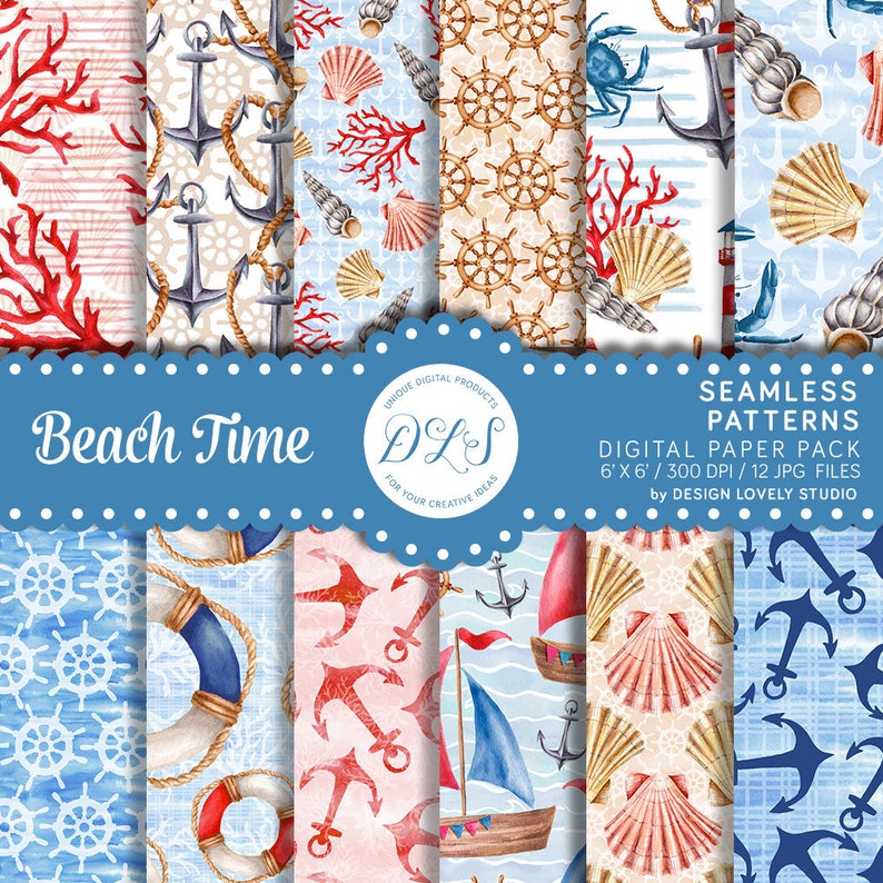 Beach digital paper pack  Summer seamless file  Nautical patterns  Sea ocean printable download