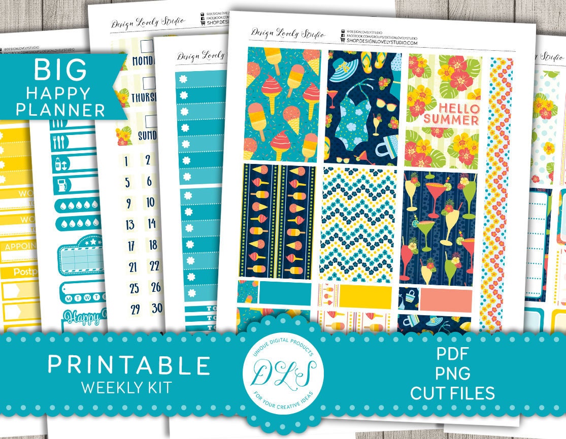 SUMMER Planner Stickers Kit, Printable Planner Stickers, Big Happy ...