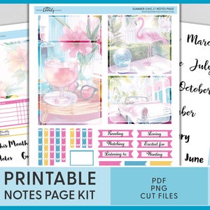 Puede incluir: Kit de páginas de notas imprimibles con un tema chic de verano. El kit incluye una variedad de páginas de notas con diferentes diseños, incluyendo un flamenco, un coche, un cóctel y un diseño floral. El kit también incluye un conjunto de pegatinas decorativas con diferentes colores y patrones.