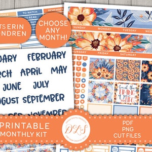 AFDRUKBARE maandelijkse planner stickers Kit, Floral planner stickers, herfst planner stickers, past erin Condren Life planner, gesneden bestanden, ECE129