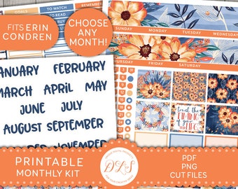 PRINTABLE Monthly Planner Stickers Kit, Floral Planner Stickers, Fall Planner Stickers, fits Erin Condren Life Planner, Cut Files, ECE129