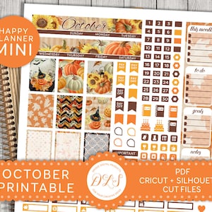 May include: Printable planner stickers for October with a fall theme. The stickers feature pumpkins, sunflowers, witches, and other fall imagery. The stickers are designed for use with a Happy Planner Mini.